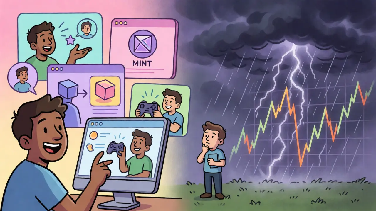 Split scene showing DEGEN app utilities versus volatile market risks in comic style.