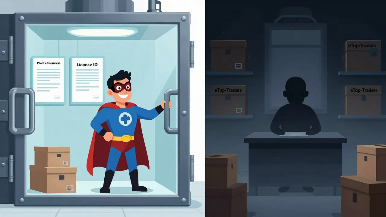Split screen comparing transparent secure vault vs dark opaque crypto exchange