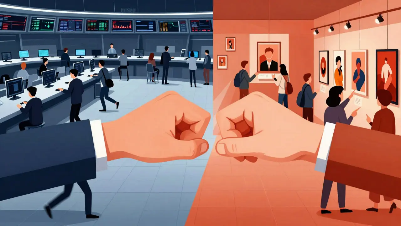 Split view contrasting high-speed trading floor with community gallery
