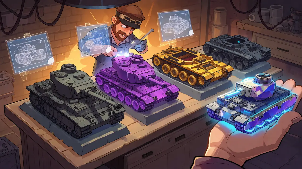 A mechanic assembling tank parts that transform into a glowing NFT in a workshop.