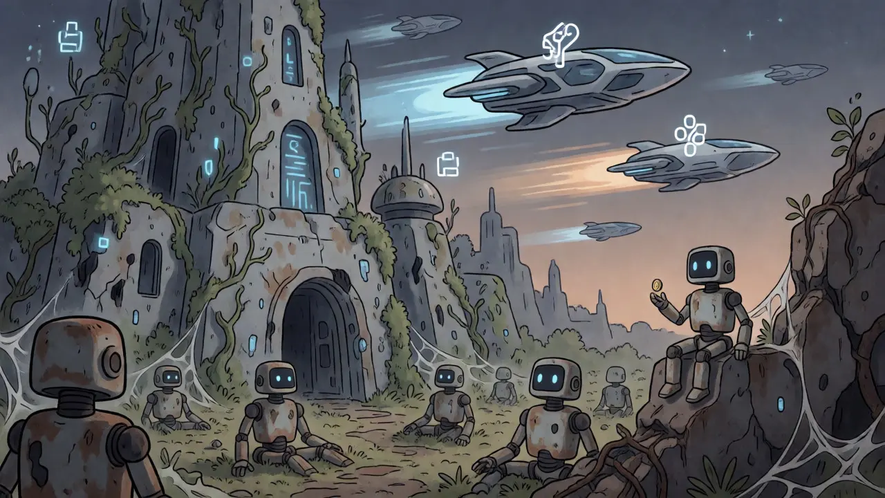 Abandoned digital fortress with rusting bots as modern tech flies by in the distance.