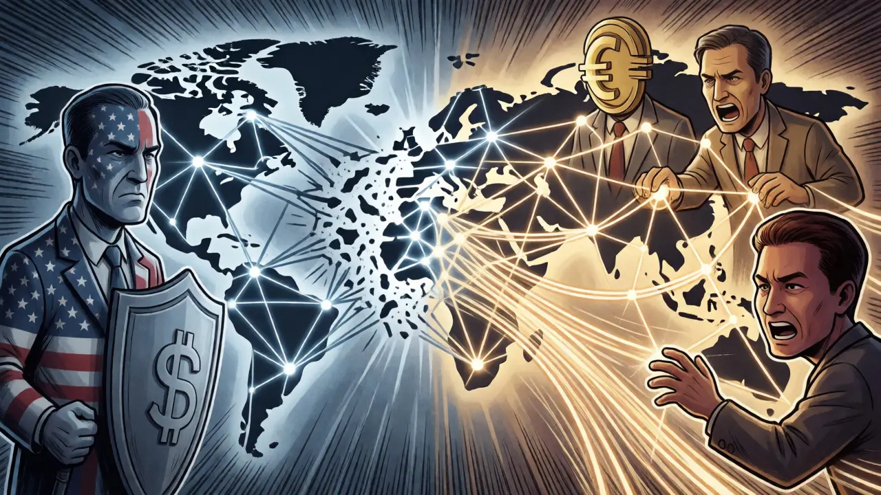 Abstract figures representing global currencies connected by digital networks in cartoon art