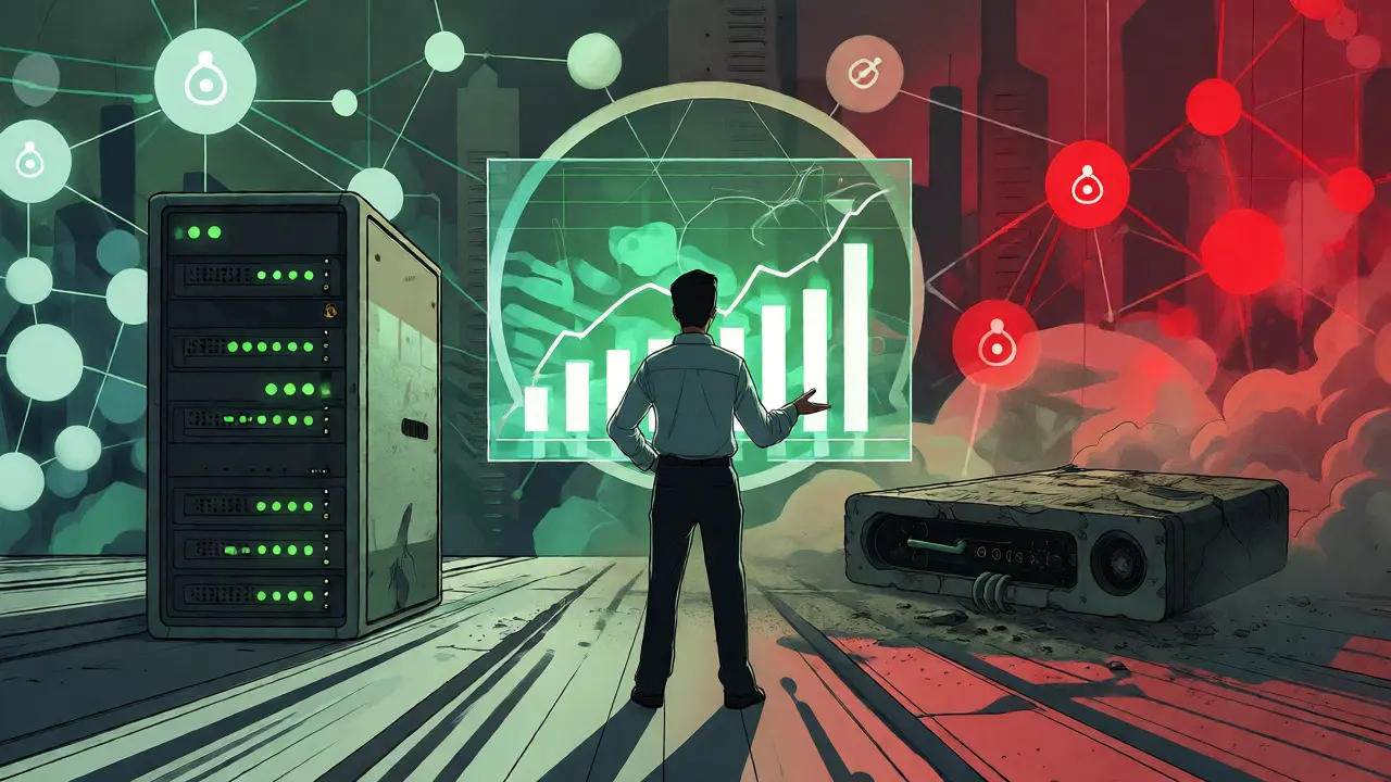 Analyst viewing a holographic dashboard comparing healthy network nodes against obsolete hardware.