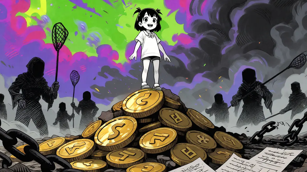 Anime character standing on unstable coin pile amidst shadowy figures.