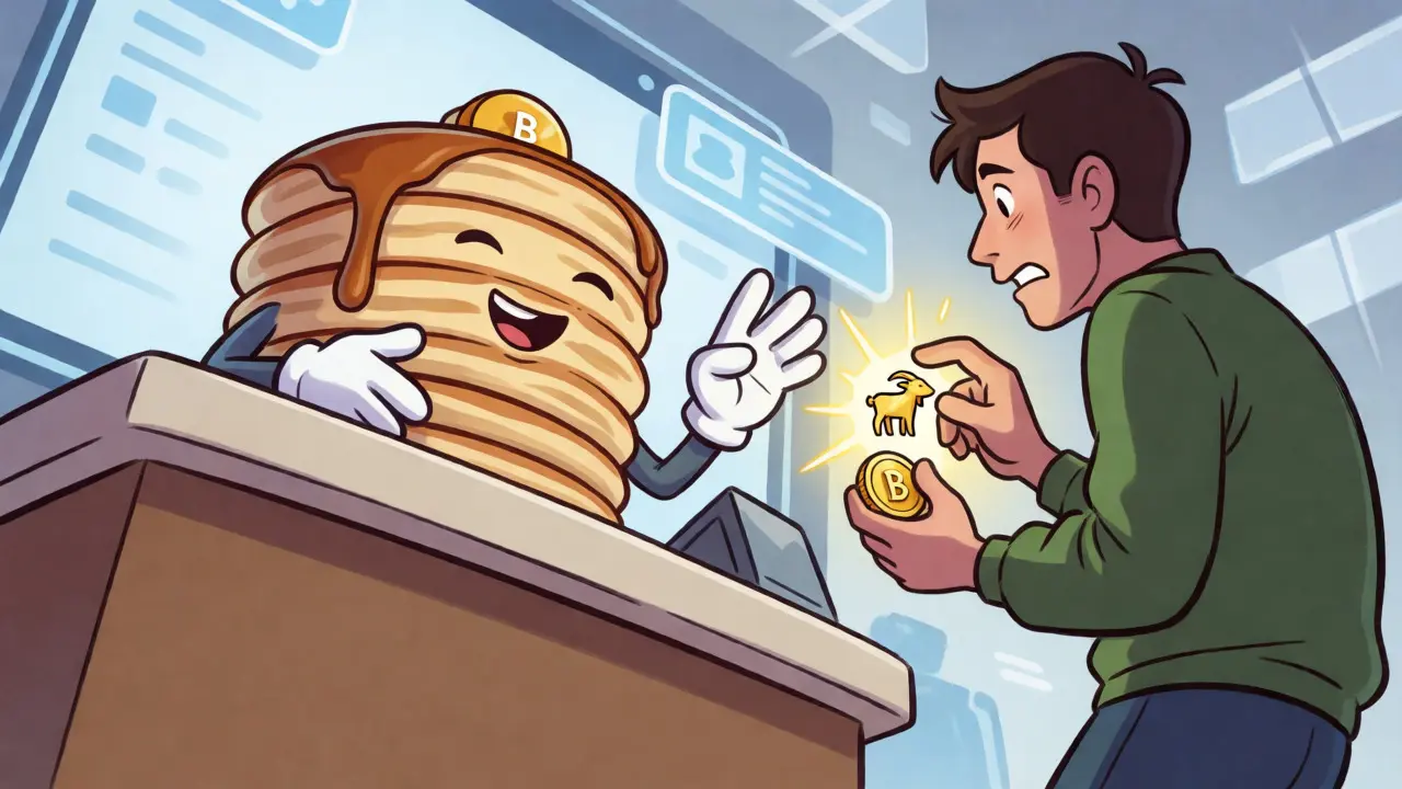 Cartoon depiction of a trader swapping BNB for CZGOAT at a PancakeSwap-style counter.