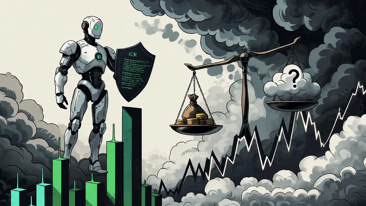 Cartoon depiction of balancing AI potential against crypto market risks