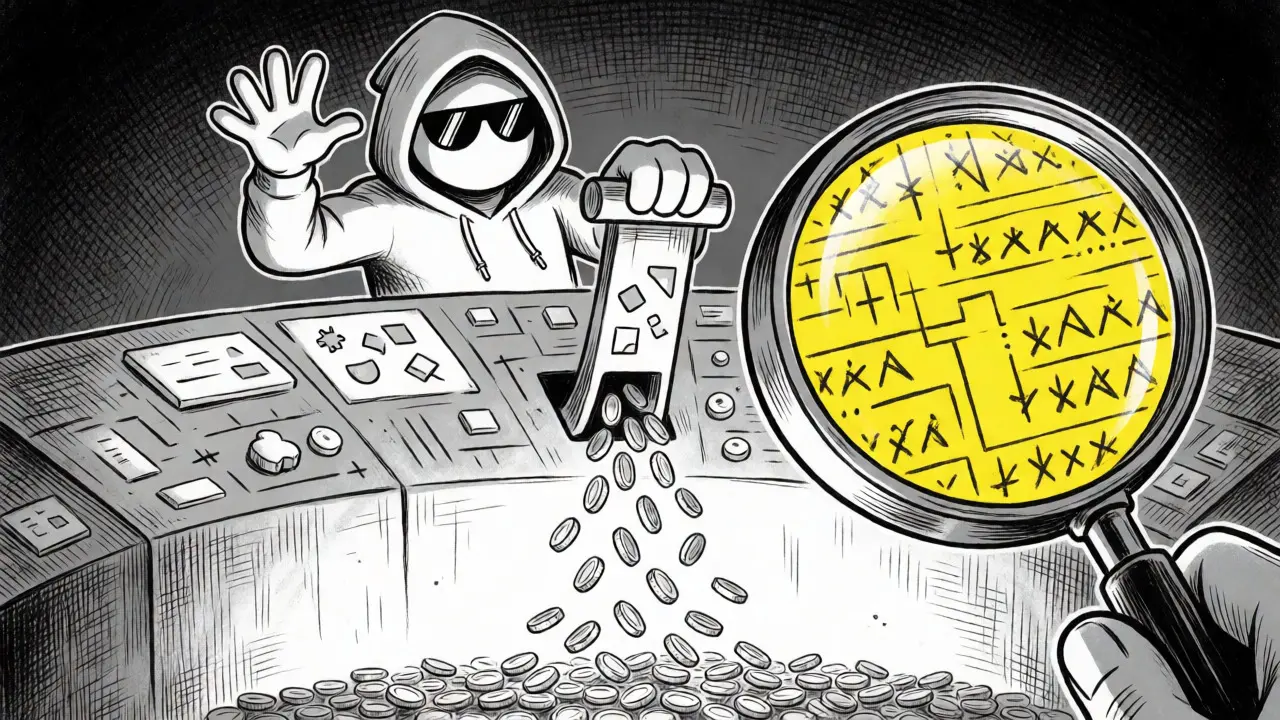 Cartoon hacker draining funds from a fake moonpot airdrop site