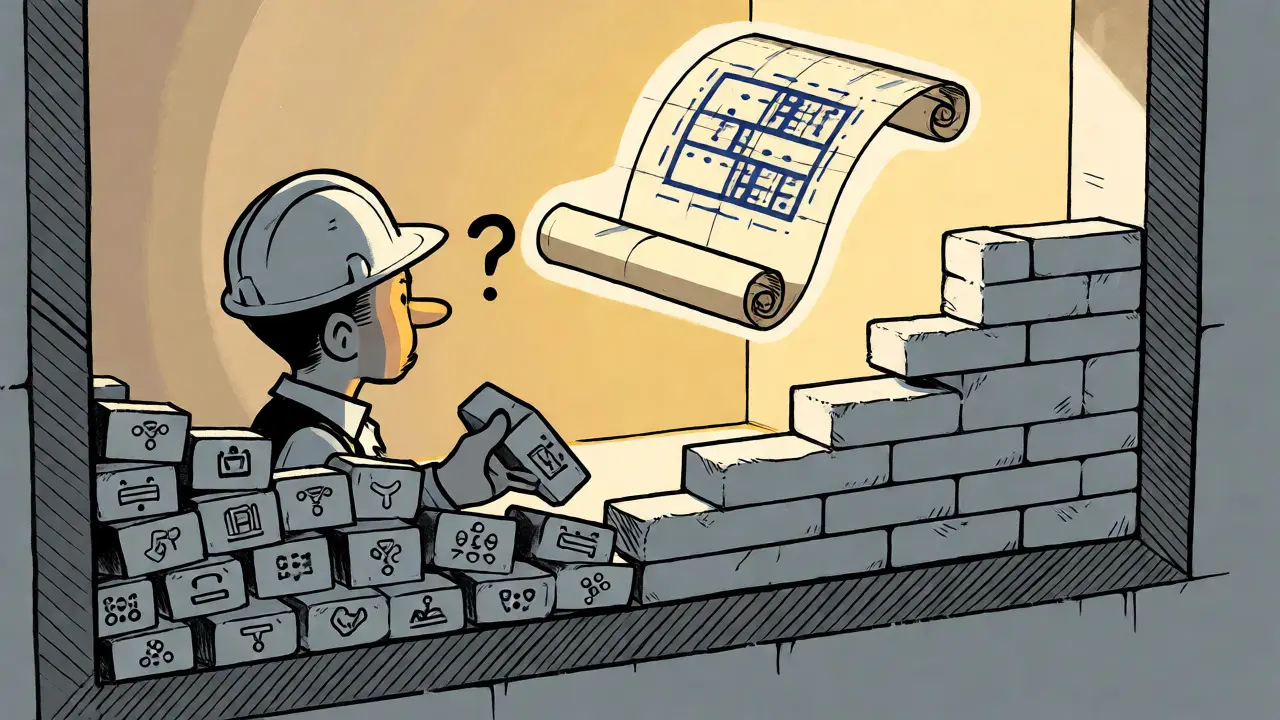 Cartoon illustration showing a blueprint assembling scattered bricks into a secure wall.