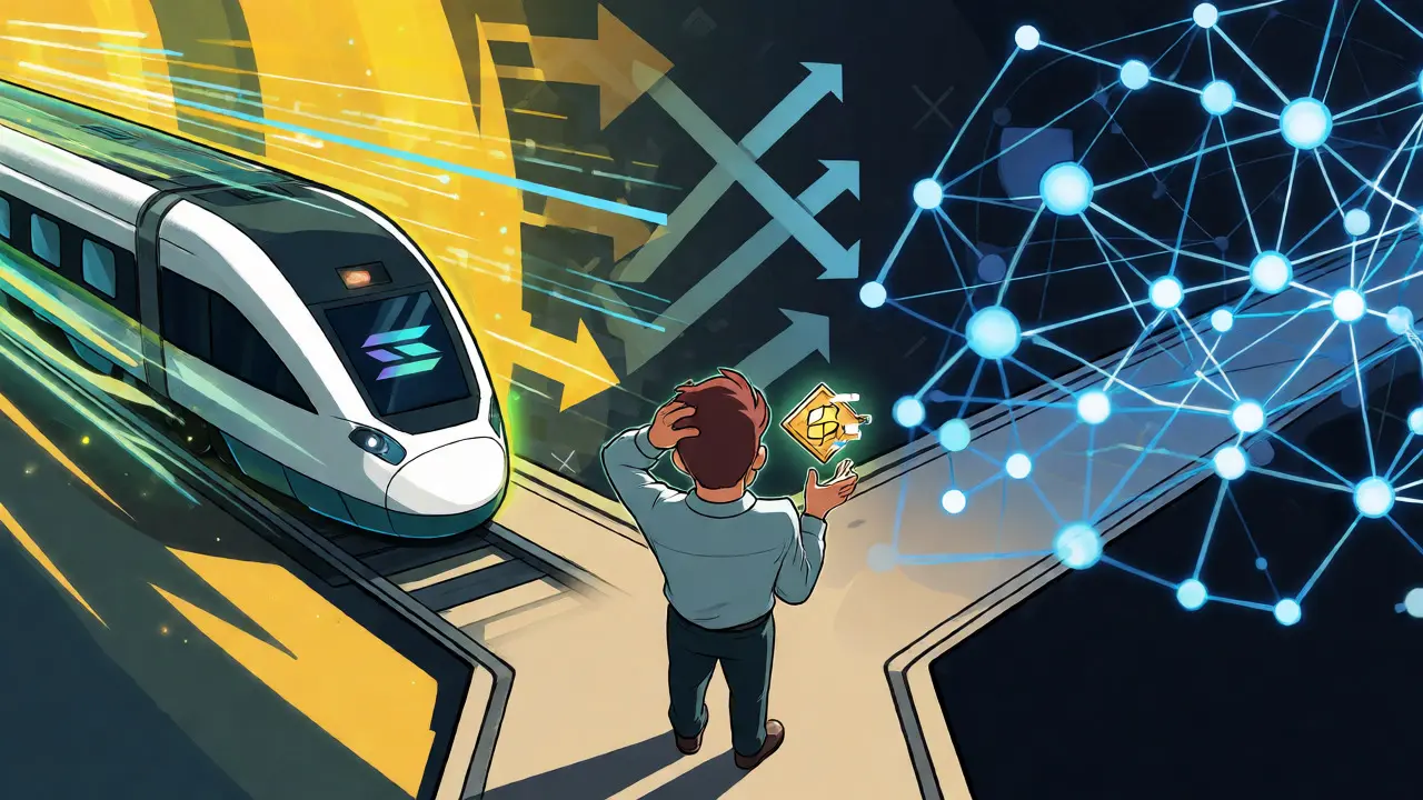 Confused investor at a crossroads between Solana and Kaspa blockchains holding a glitching token.