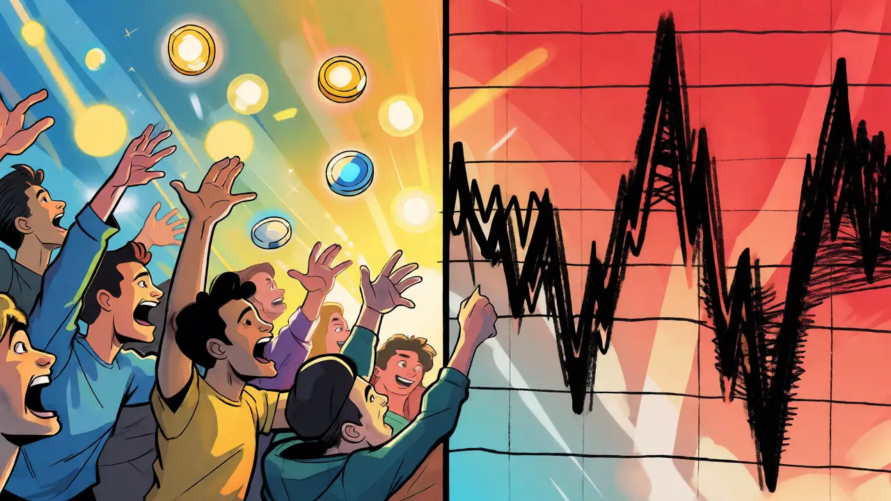 Crowd catching tokens next to a volatile price chart in bande dessinee style