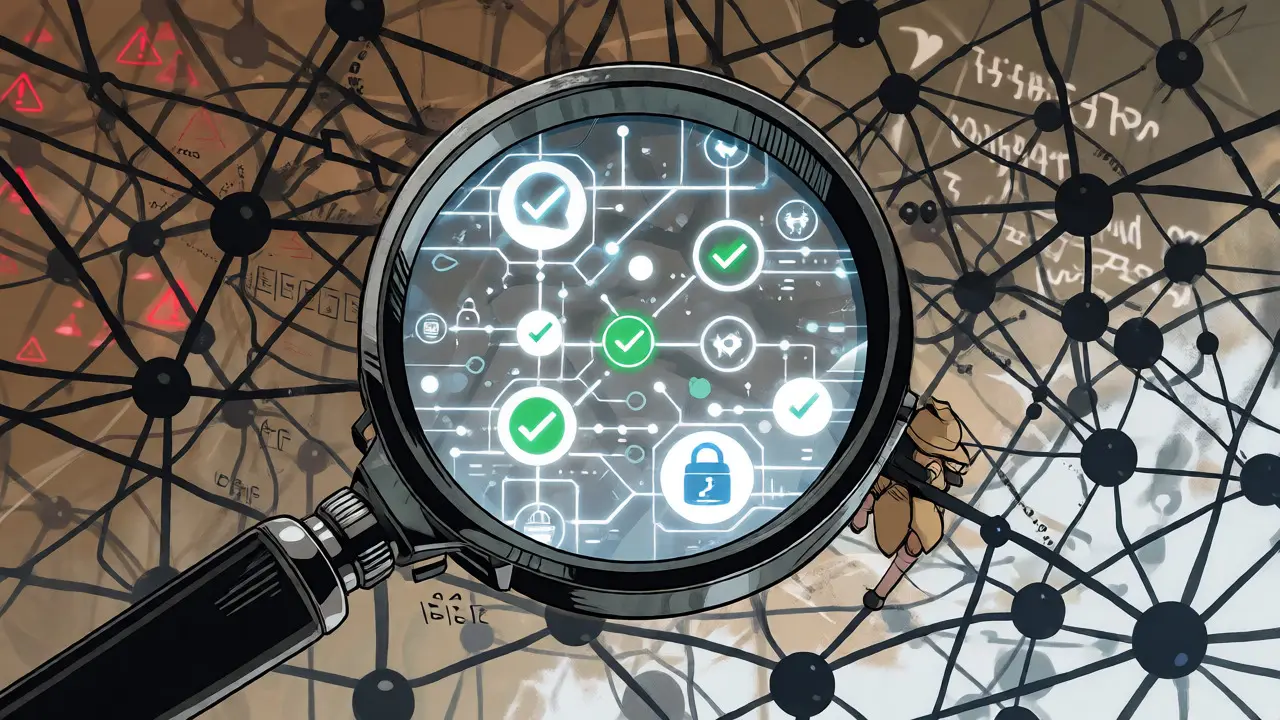 Detective examining blockchain code through a magnifying glass.