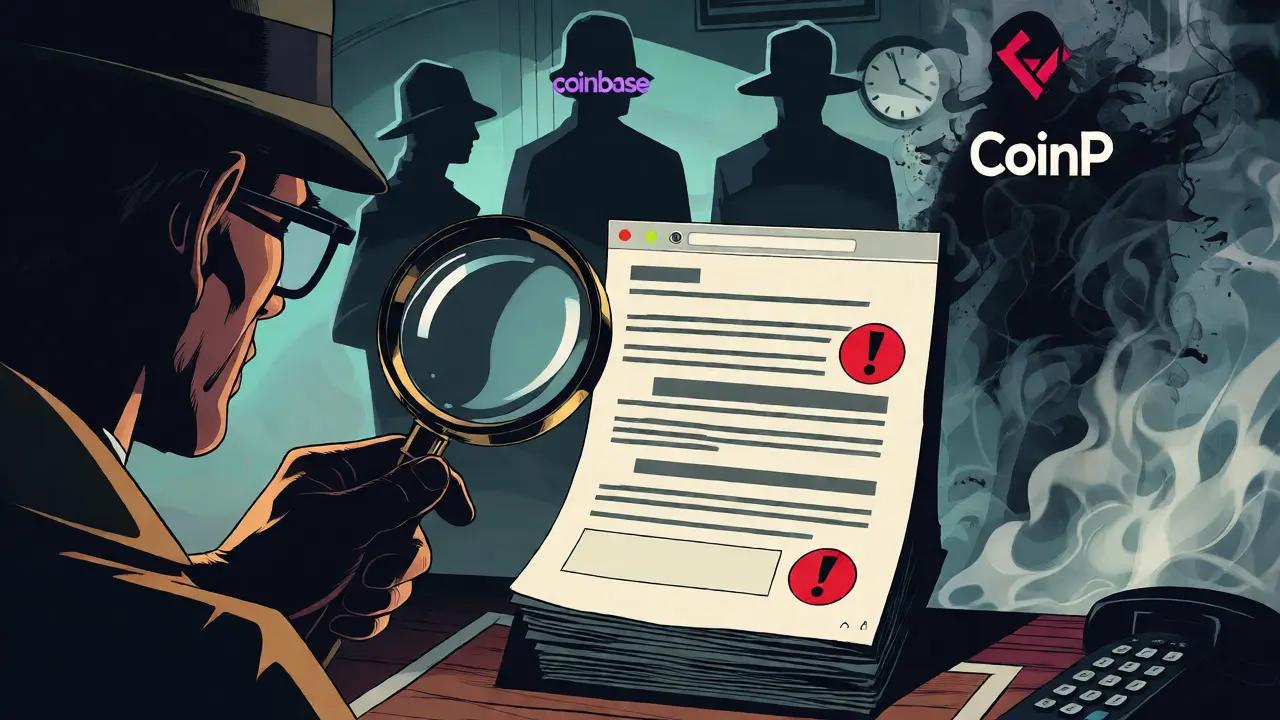 Detective examining empty regulatory documents while legitimate exchanges loom in the background.