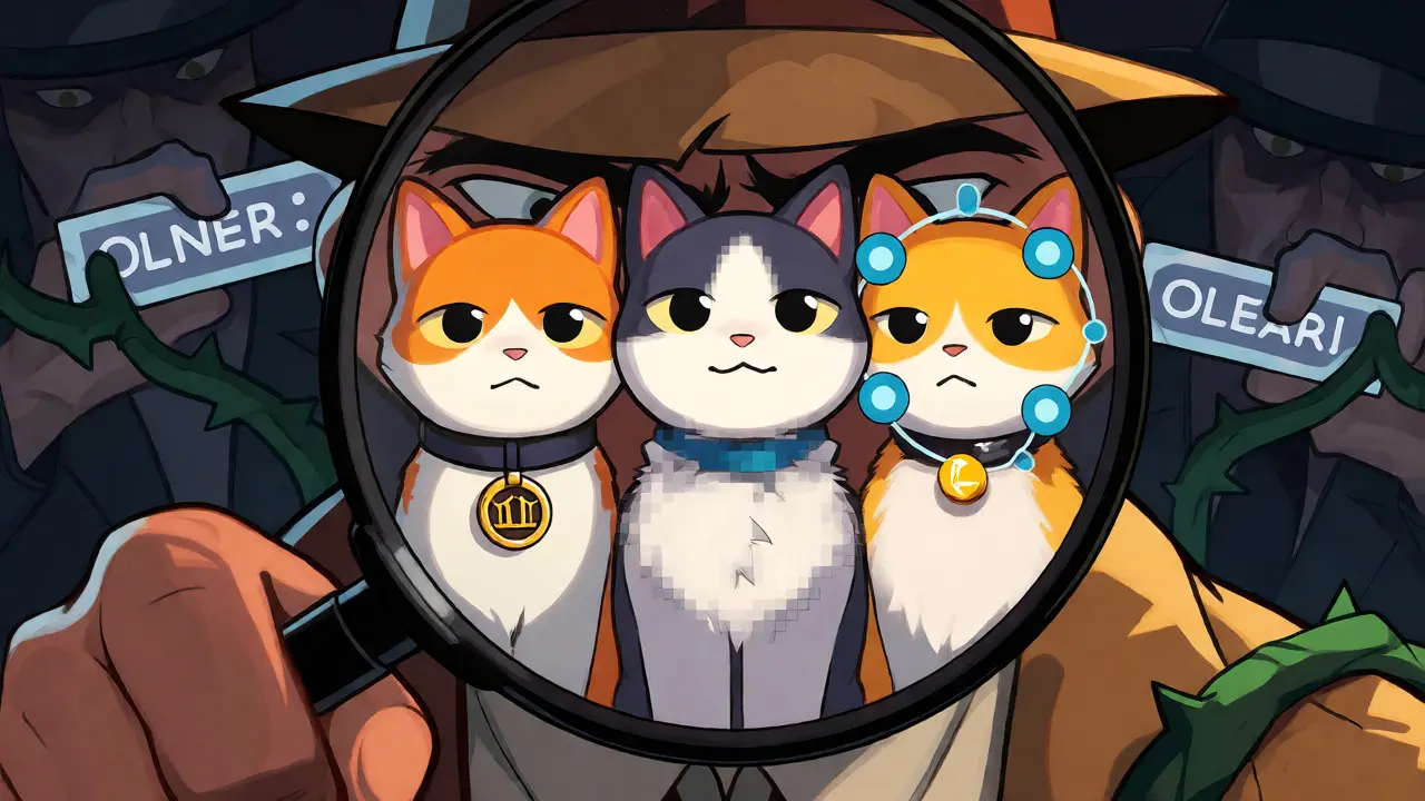 Detective inspecting three distinct cat mascots amidst phishing threats