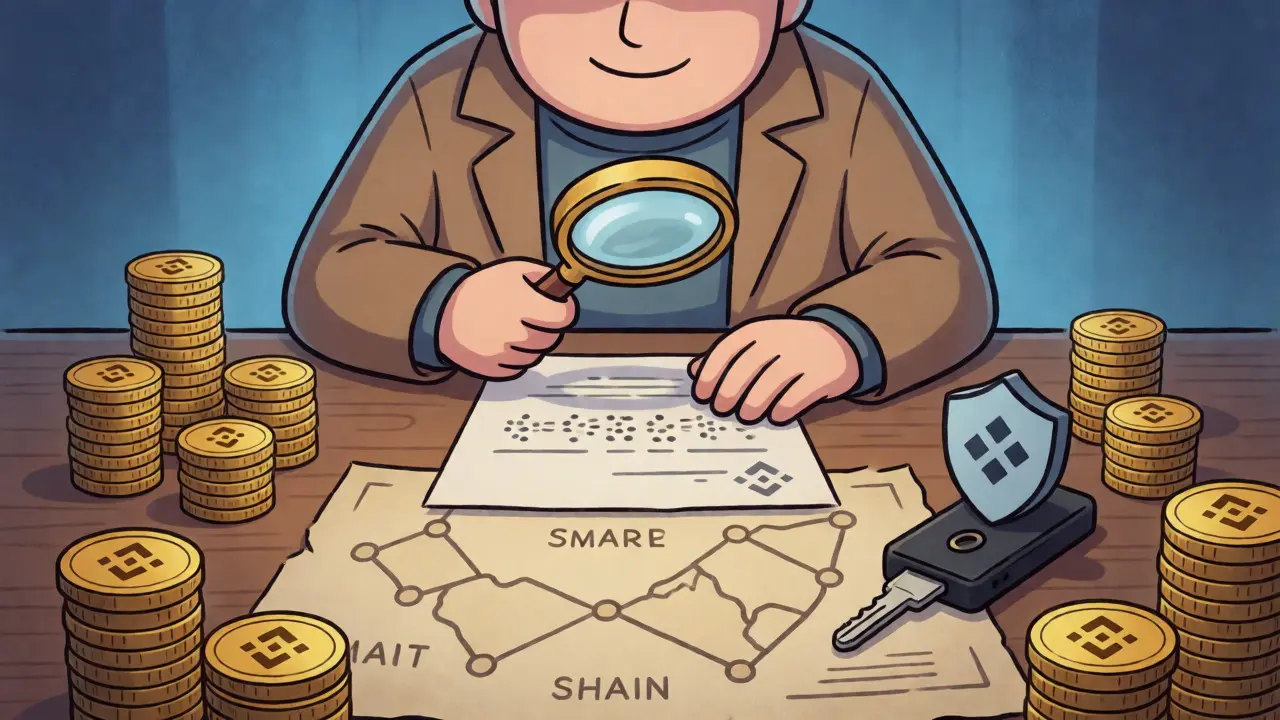 Detective verifying blockchain details to avoid crypto scams