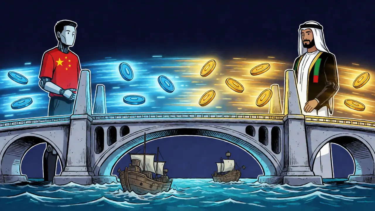 Digital tokens zipping across a glowing bridge between two nations in illustration style