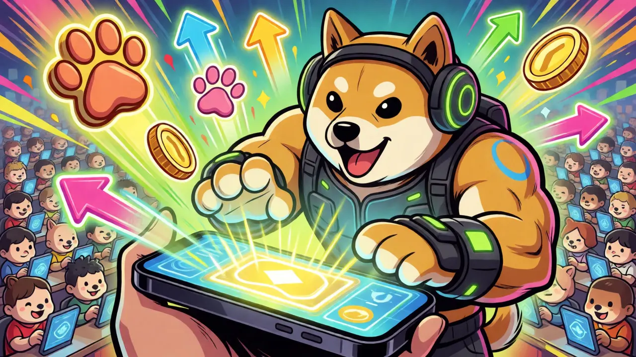 Energetic Shiba Inu playing tap-to-earn PAWS game with community crowd