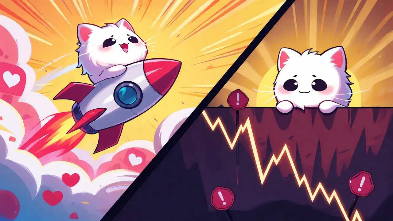 Fluffy cat mascot riding a rocket up a chart, contrasting viral gains with potential market crashes.