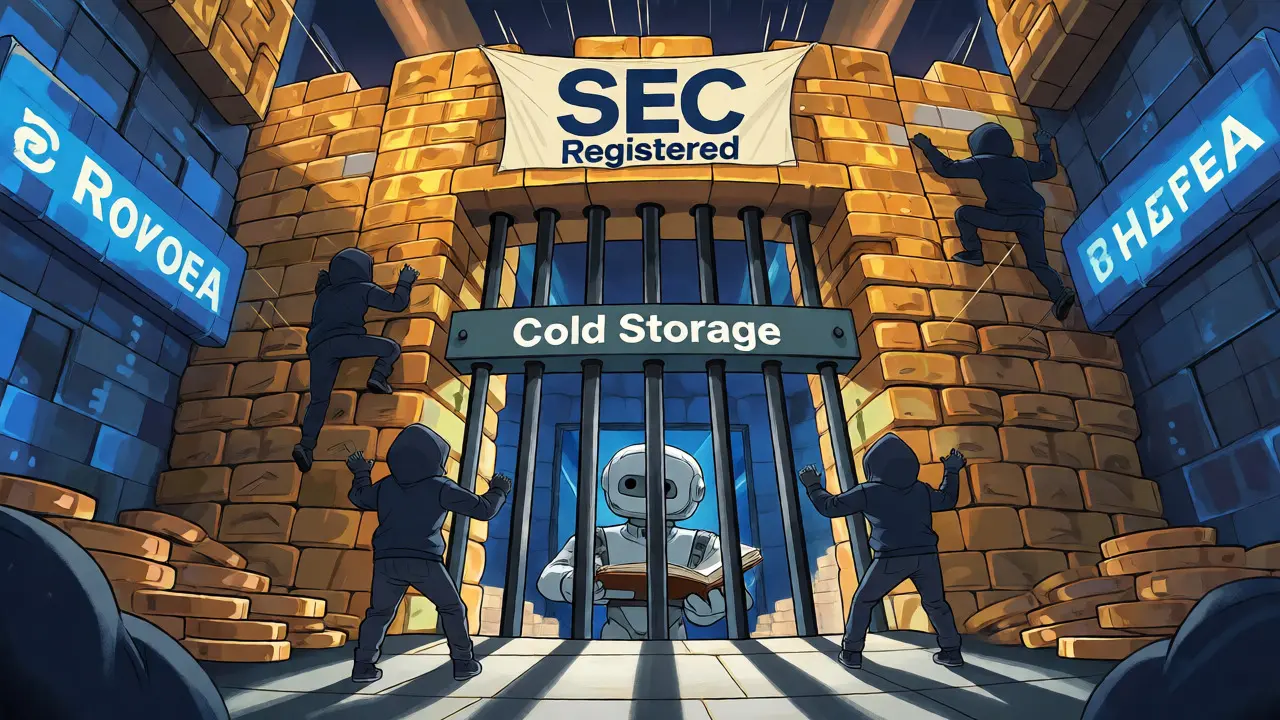 Fortress made of coins protecting assets from cartoon hackers in cold storage.