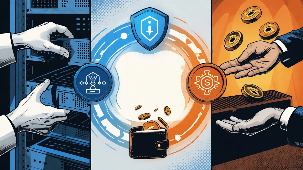 Four-panel comic strip illustrating the cycle of hardware deployment, verification, rewards, and payment.