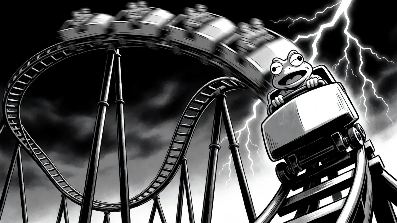 Frog character on a violent rollercoaster during a lightning storm.