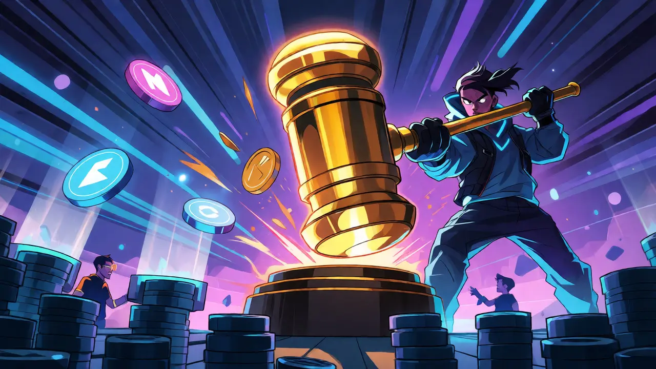 Heroic character using AUCTION tokens to power auctions and stake for rewards in a dynamic scene.