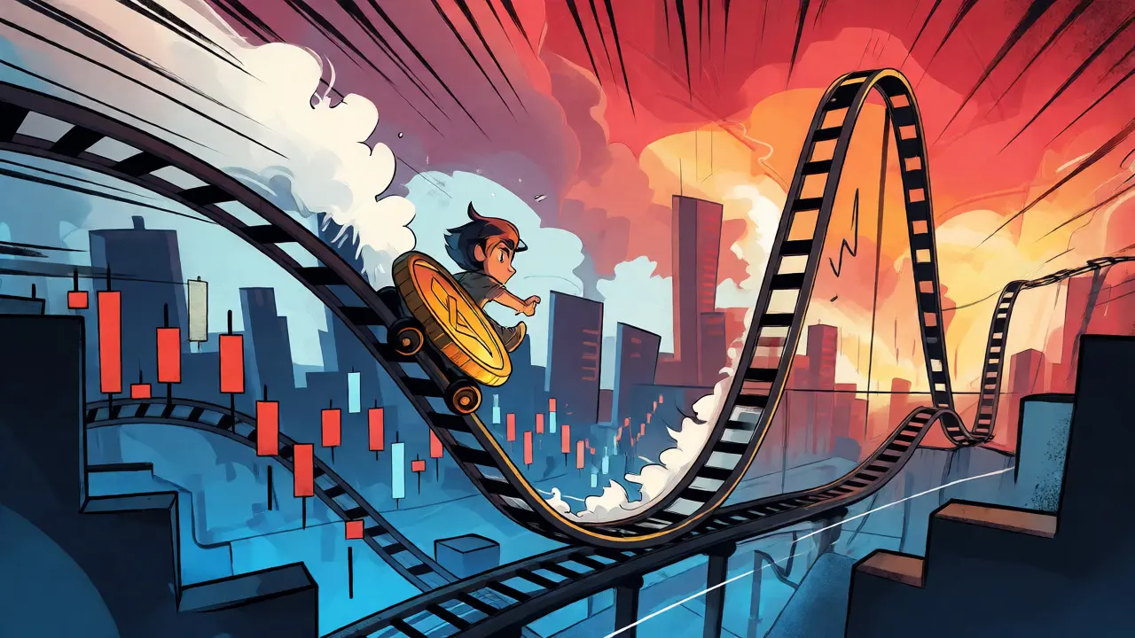 Illustration of a coin riding a rollercoaster through price charts