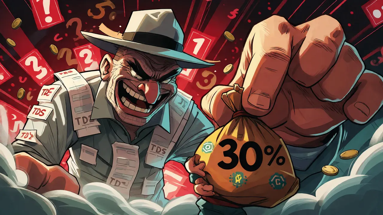 Illustration of a large tax figure taking a 30% cut from a crypto investor's funds.