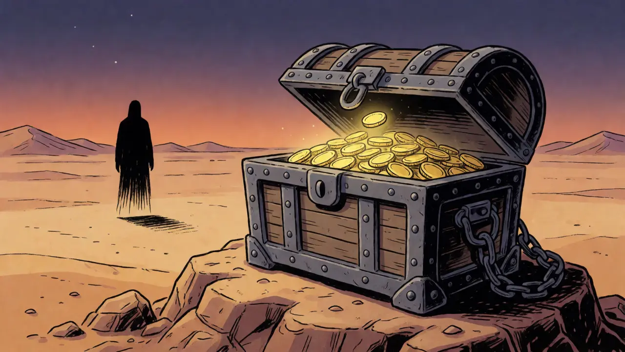 Illustration of a locked treasure chest leaking few KALA coins into a vast desert landscape