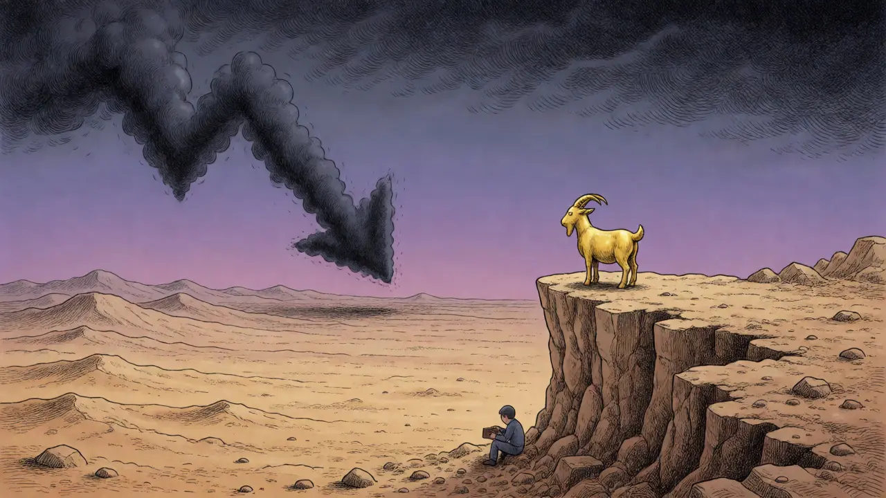 Illustration of a lonely golden goat on a cliff facing a stormy market downturn.