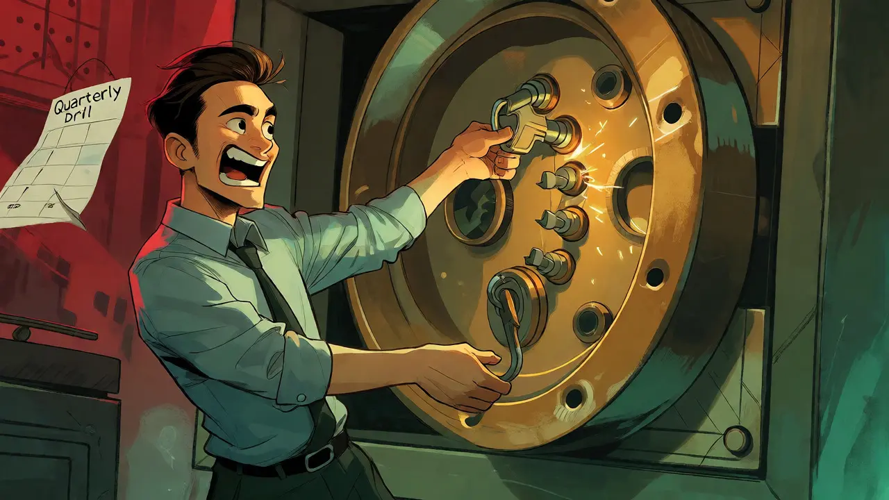 Illustration of a person successfully unlocking a safe with two keys during a drill.
