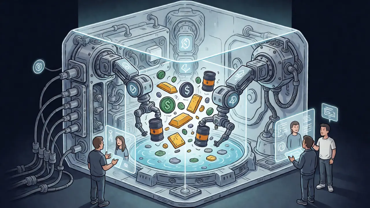 Isometric comic view of Kalata peer-to-pool engine with stocks and commodities in liquidity vault
