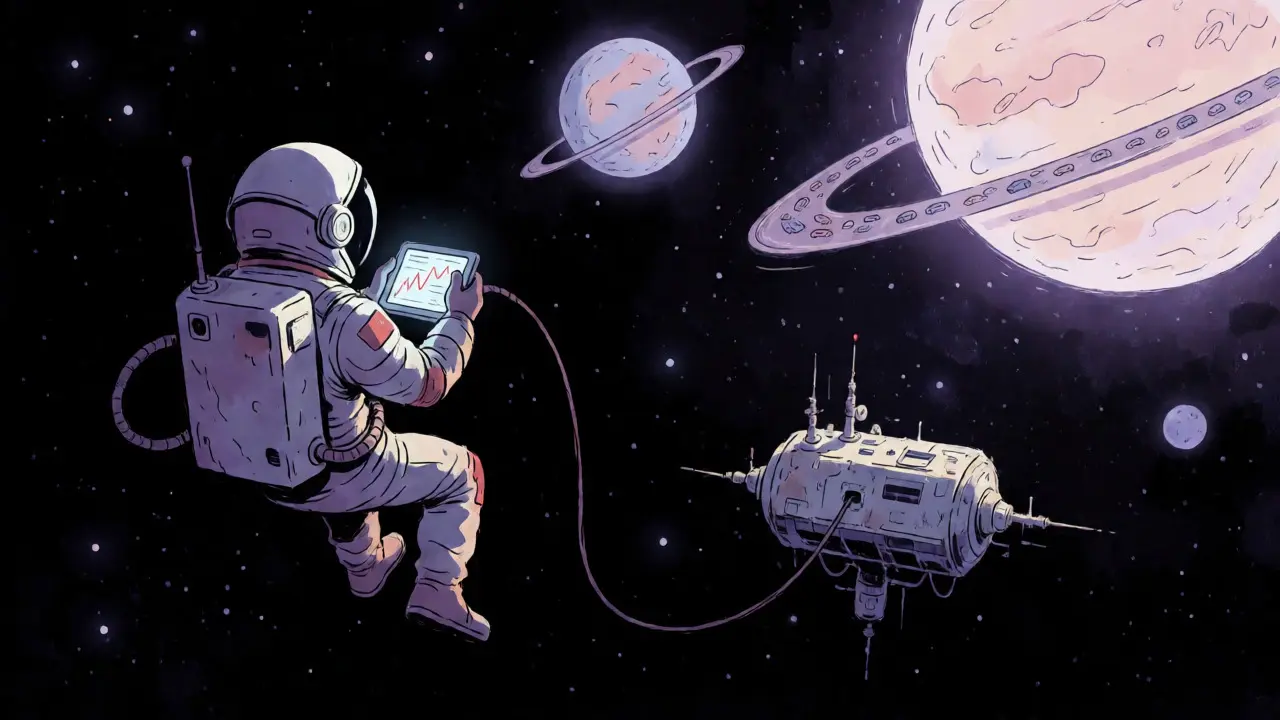 Lone trader exploring a quiet, isolated crypto platform amidst vast digital space