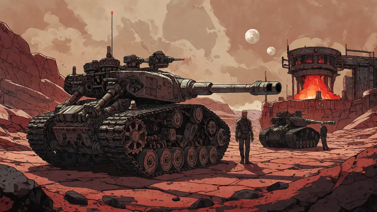 Mechanical tanks on a barren planet near a glowing Iron Forge in Earth Zero lore.