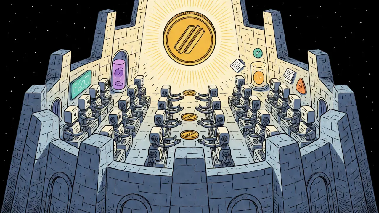 Orderly bots working inside a futuristic blockchain fortress under a glowing token sun.
