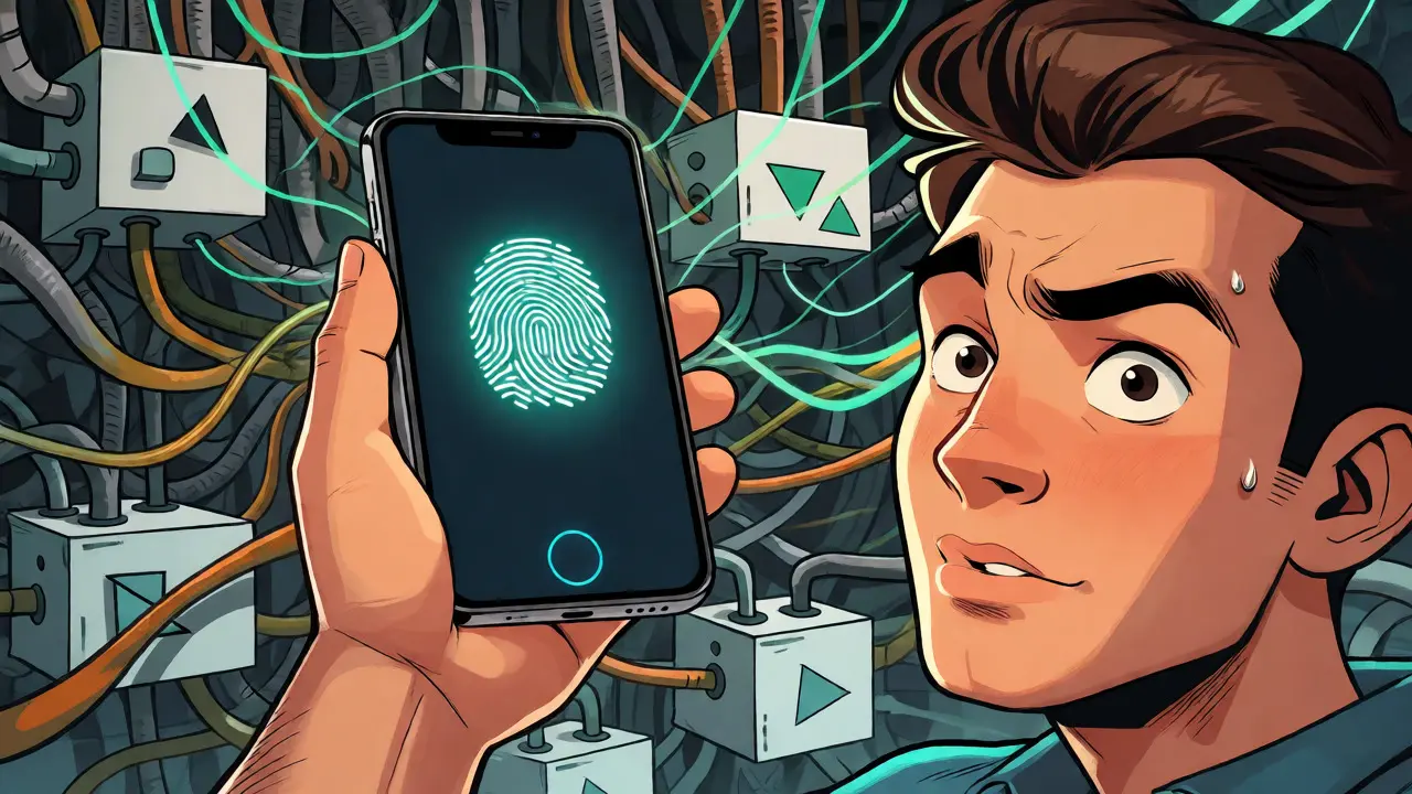 Person holding a phone with biometric scan amidst complex tech wires