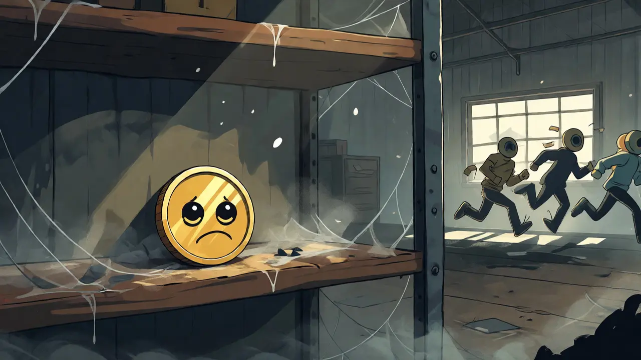 Sad coin character sitting alone in a dusty abandoned warehouse