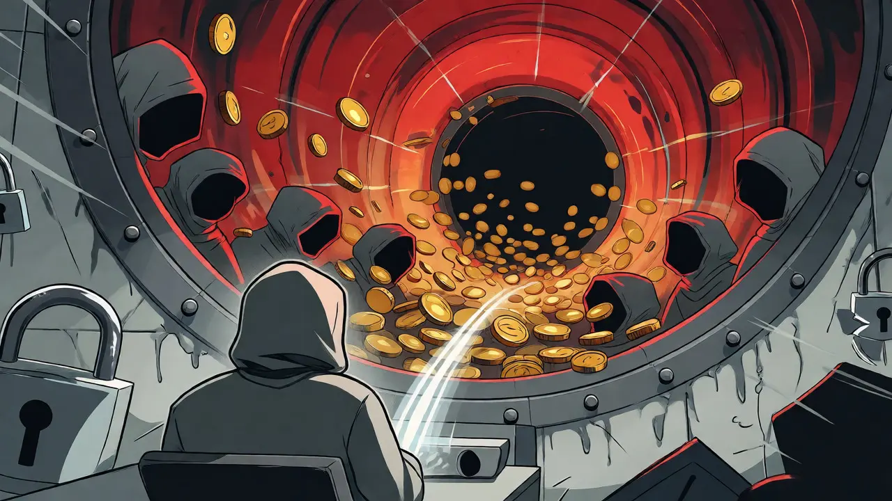 Shadowy figures draining digital assets from a user in a chaotic, trap-like vault scene.