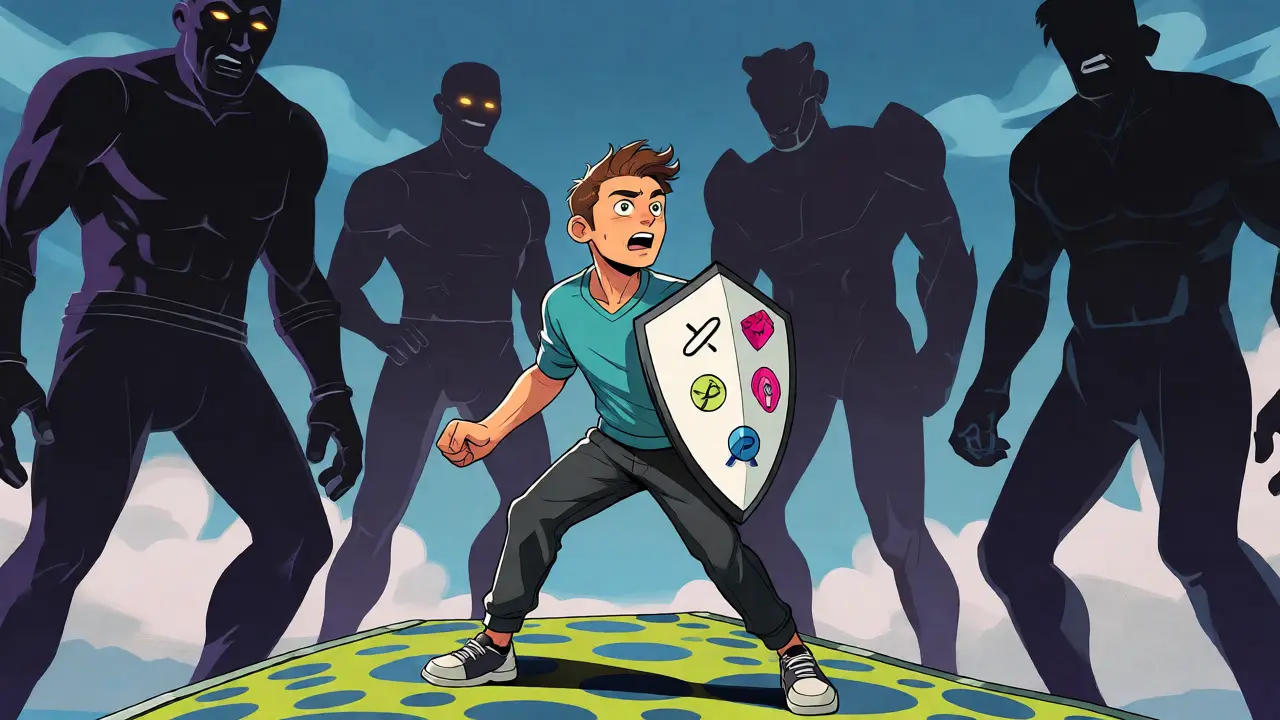 Small crypto hero facing giant competitor titans in a comic battle