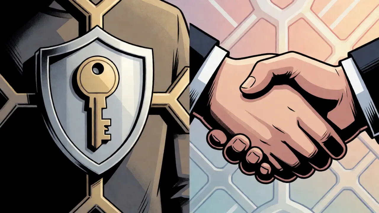 Split-screen comic art contrasting custodial risks with secure non-custodial crypto payment solutions.