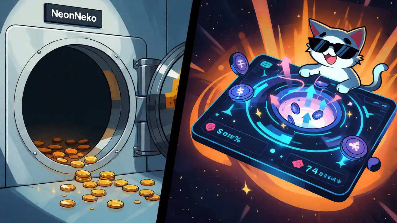 Split view comparing NeonNeko vault and active Nekodex DeFi platform