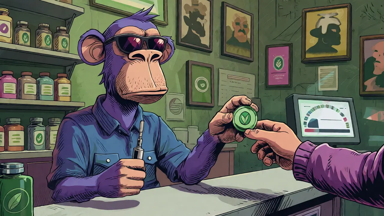 Stylized ape character facilitating a transaction in a digital cannabis-themed shop for Solana PUFF.