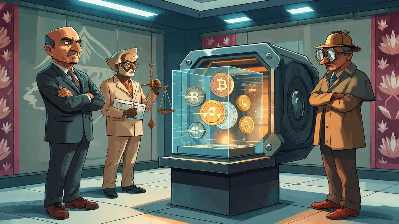 Three regulators inspecting a digital asset vault in a cartoon style.