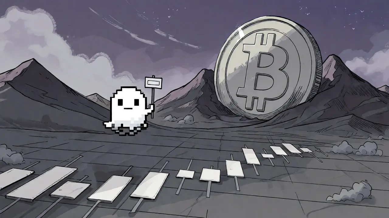 Tiny ghost-like YOTO token floating alone in a desert of trading charts under giant crypto mountains.