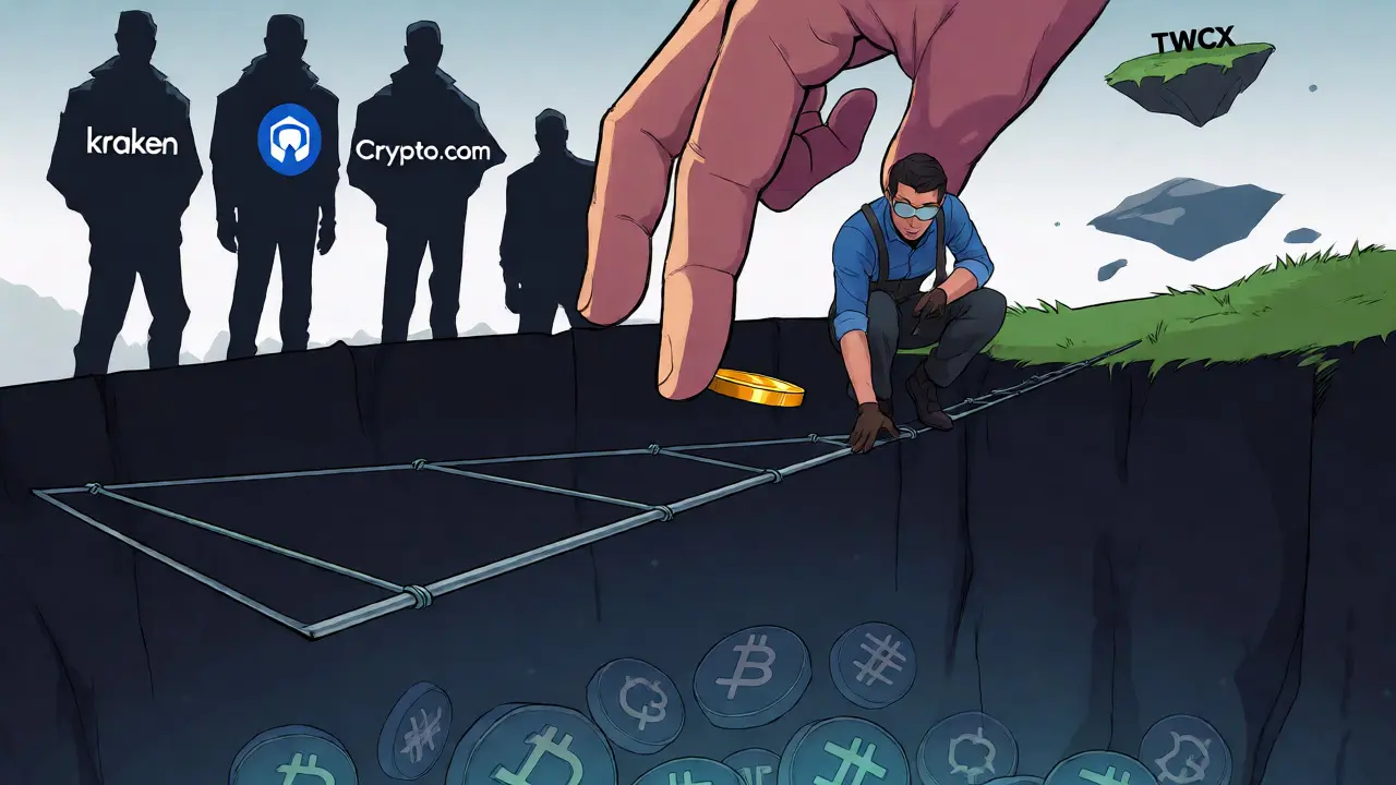 Trader balancing a small coin on a scale over a crypto abyss