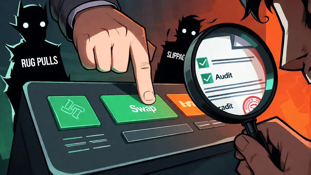 Trader inspecting audit documents while facing swap risks and slippage shadows.