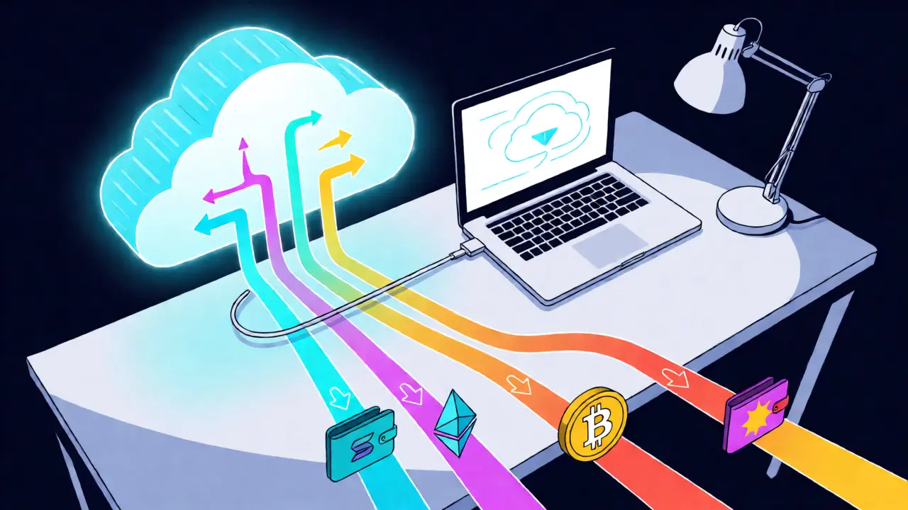 Unified API cloud distributing payments across multiple blockchain networks in an illustrated graphic.