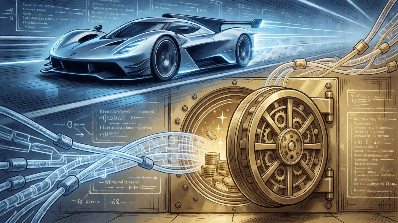 Visual metaphor of fast trading speed meeting secure custody in a hybrid model
