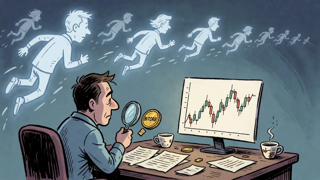 Weary trader analyzing the crashed BitOrbit price chart in a muted scene