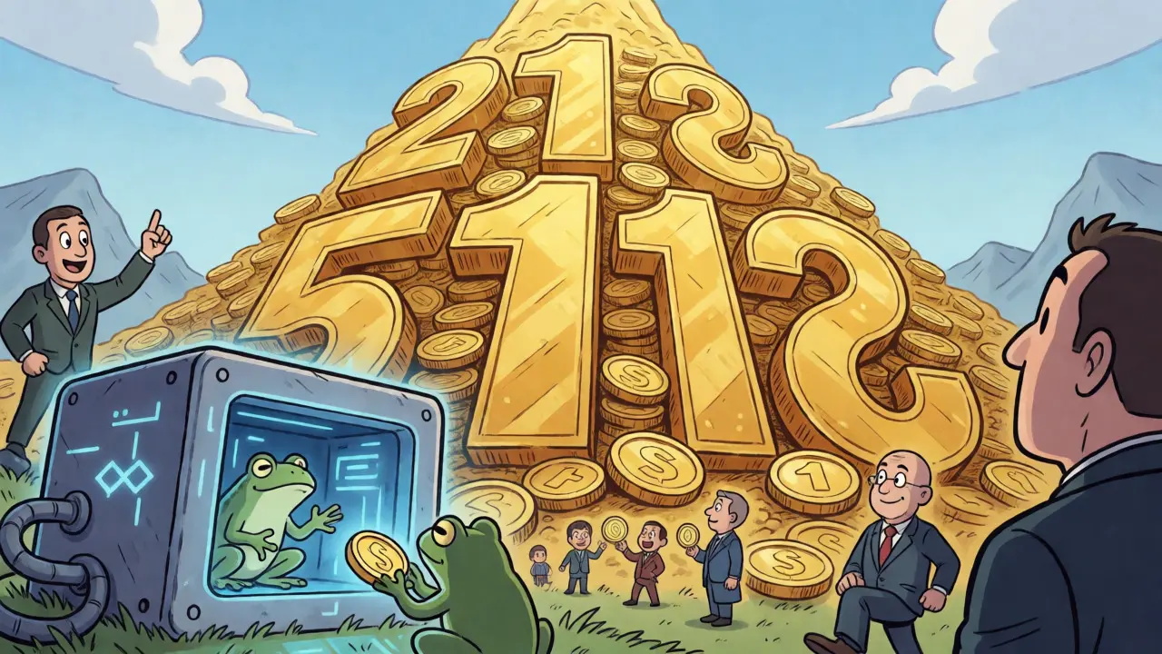 Whimsical mountain of coins with frogs staking tokens in a glowing vault.
