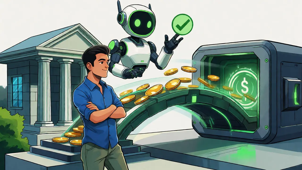 Automated bank-to-crypto transfer via digital bridge in comic style